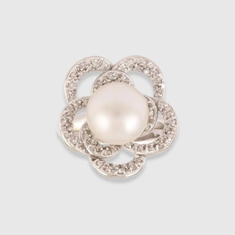 Rose & Pearl Silver Ring with Clear Zircon