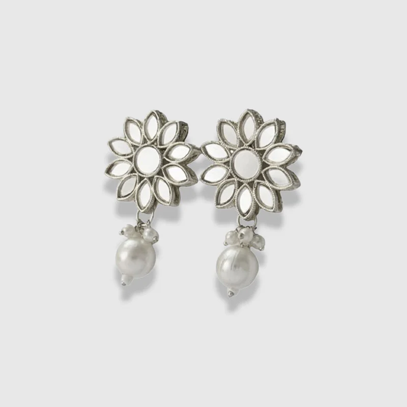 Captivating Silver Flower & Pearl Drop Earrings